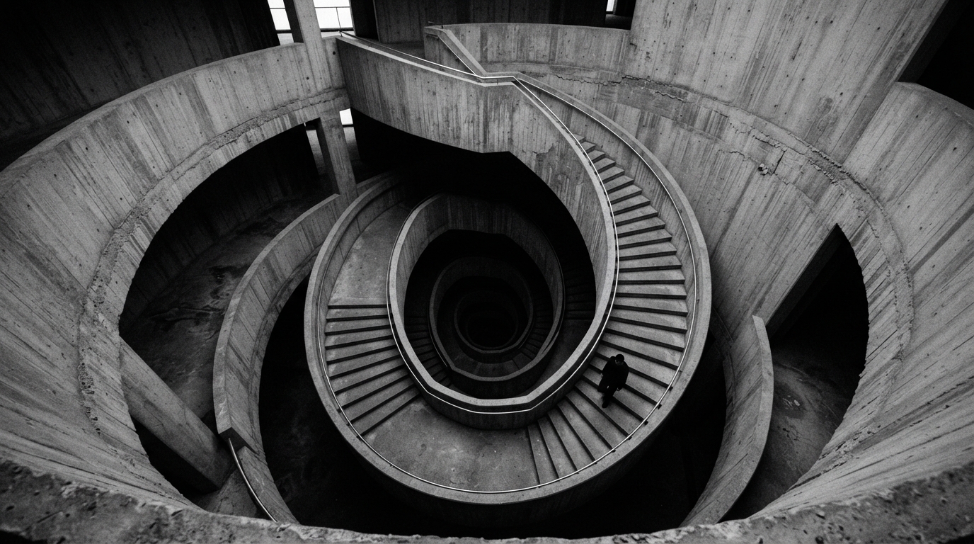 Concrete staircase spiraling into void