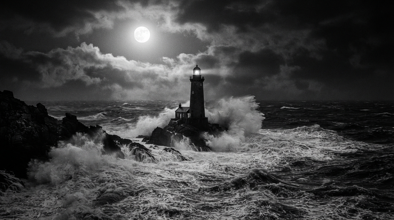 Lighthouse emerging from black water
