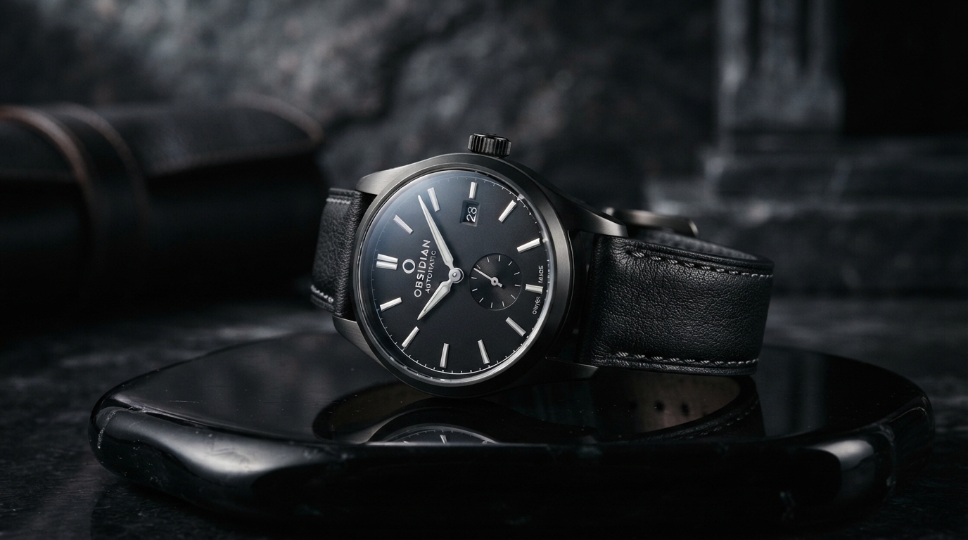 Obsidian watch on black stone
