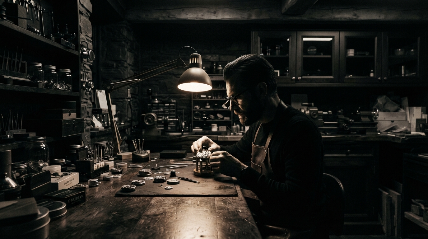 Watchmaker beneath lamp
